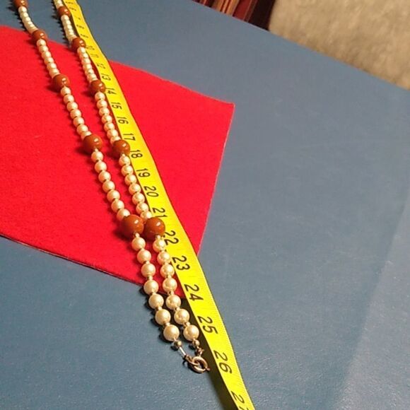Faux Pearl Brown & Gold Beaded Long Necklace Cottagecore Grandmacore - Picture 6 of 8
